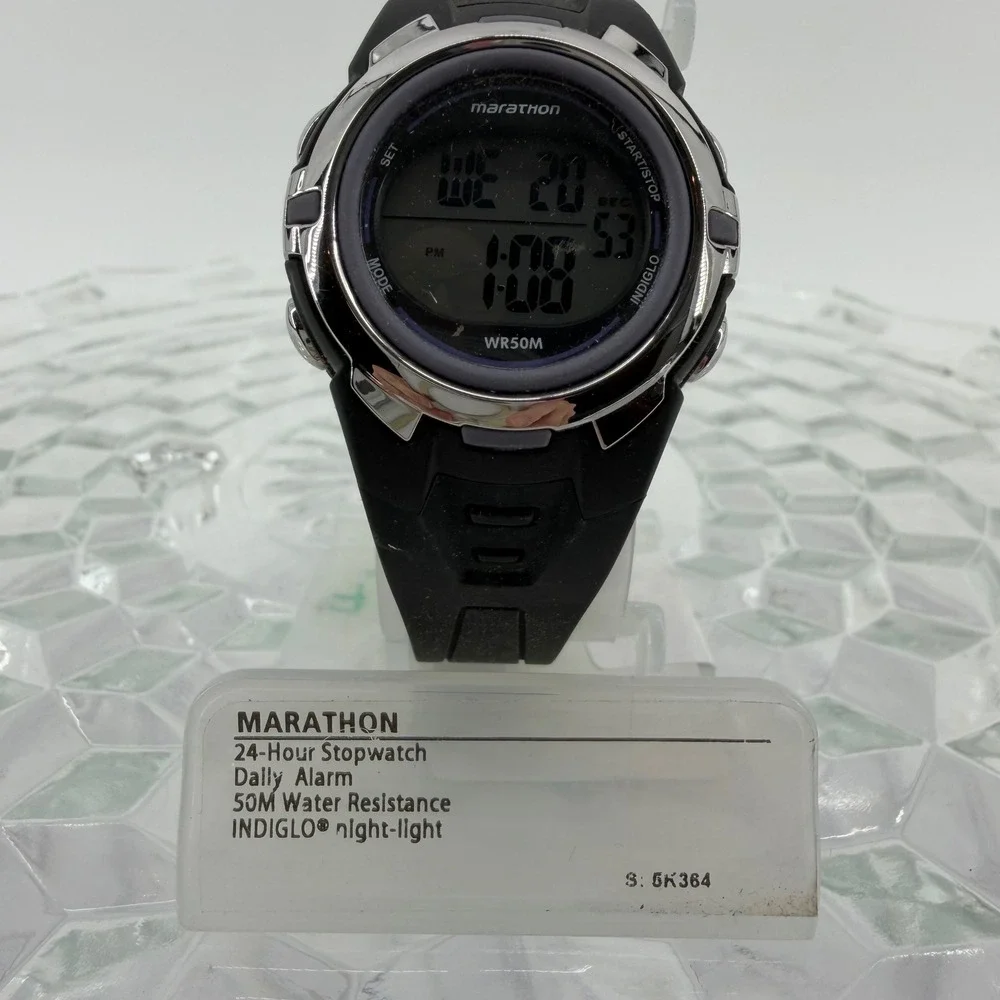 Marathon Digital Watch 24hr Stopwatch Alarm WR50M Indiglo Night Light Blk‎ Strap